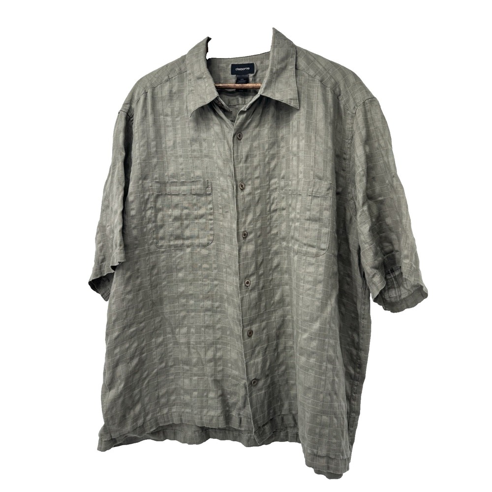 Claiborne green mens cotton linen Short Sleeve Button Up Shirt 2X comfort light